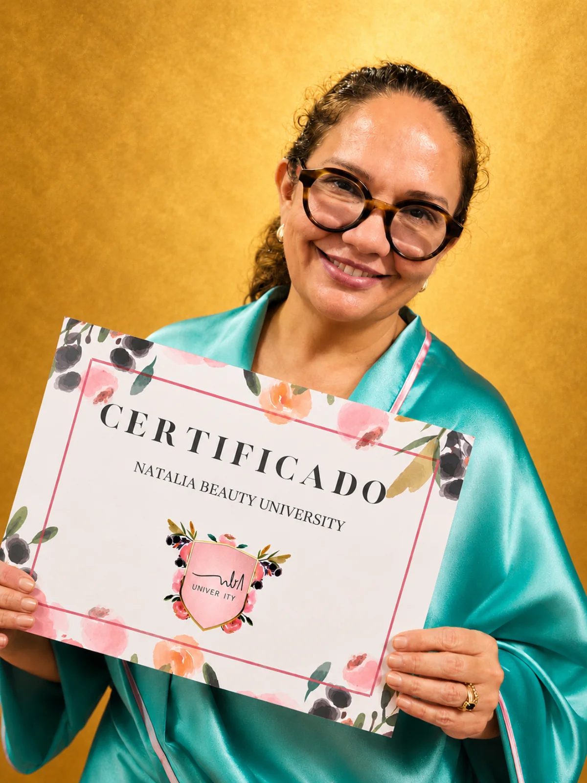 Evelma Matias com o certificado de especialização em micropigmentação pela Natália Beauty University